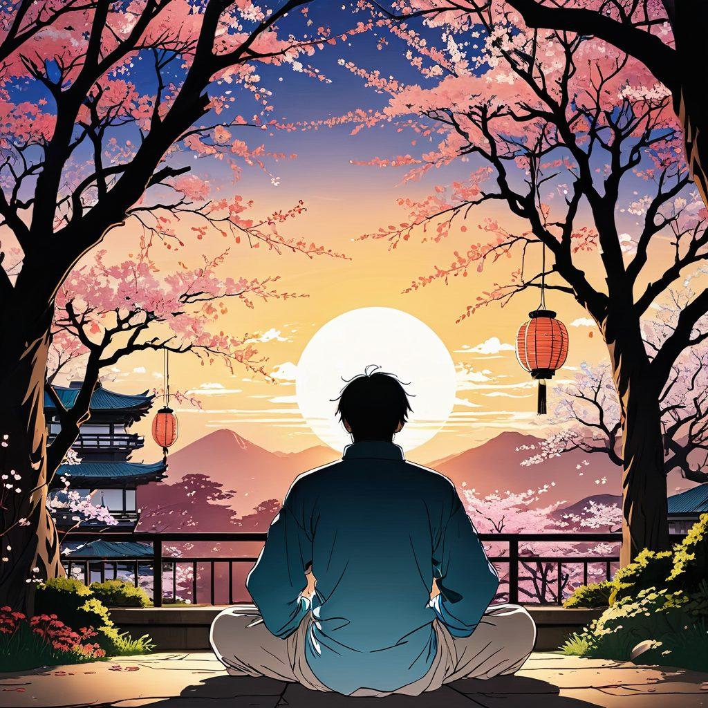 A thoughtful father figure surrounded by anime-style sketches of various adult characters and storylines, with subtle hints of tenderness and complexity in their expressions. The backdrop features a whimsical blend of traditional Japanese elements and modern adult themes, showcasing a balance between innocence and maturity. Soft lighting highlights the father's contemplation, while vibrant colors bring the anime figures to life. Illustrative and dreamy aesthetic. vector art. vibrant colors. 3D.