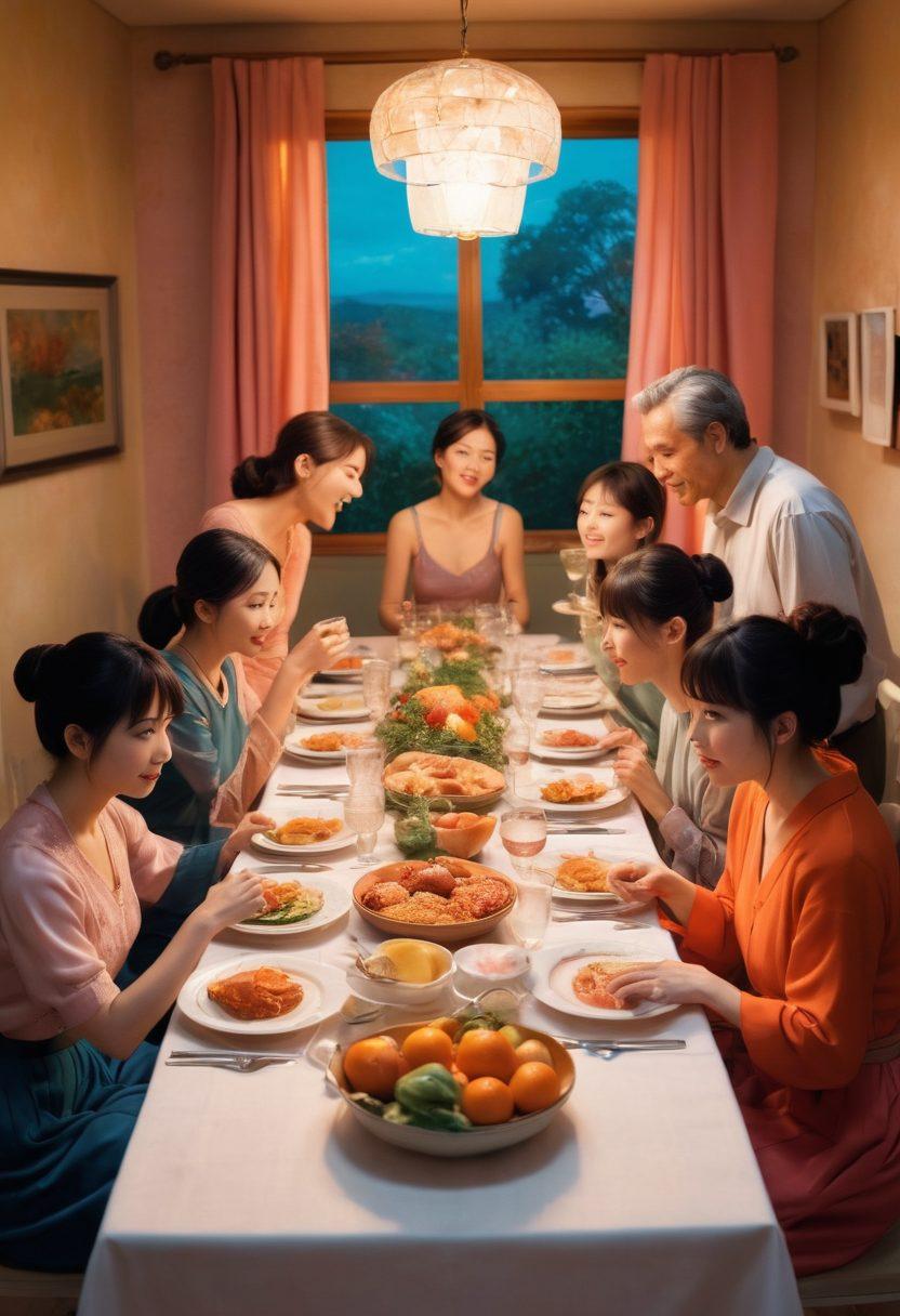 A captivating split scene showcasing a family gathering on one side, filled with warmth and togetherness, while the other half presents a more intimate, surreal depiction of adult desires, symbolizing the complexities of relationships. Incorporate subtle elements of anime and manga style, blending them into the contrasting halves for a unique fusion. The overall color palette should reflect a blend of warmth and allure, enticing the viewer's curiosity. vibrant colors. anime style. surrealism.